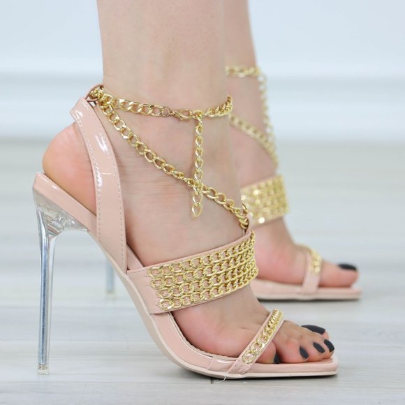 Nude Open Toe High Heel Sandals Gold Chain  Ankle Strap Patent Leather - Picture 5 of 13